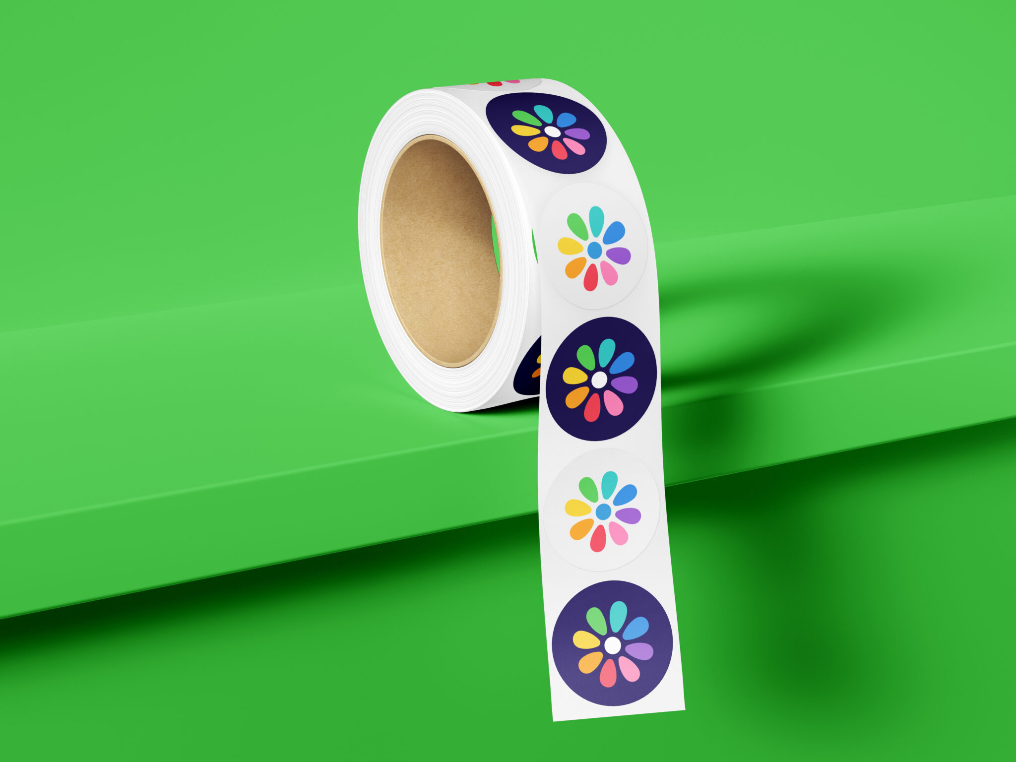 Colourful nursery logo stickers on a roll