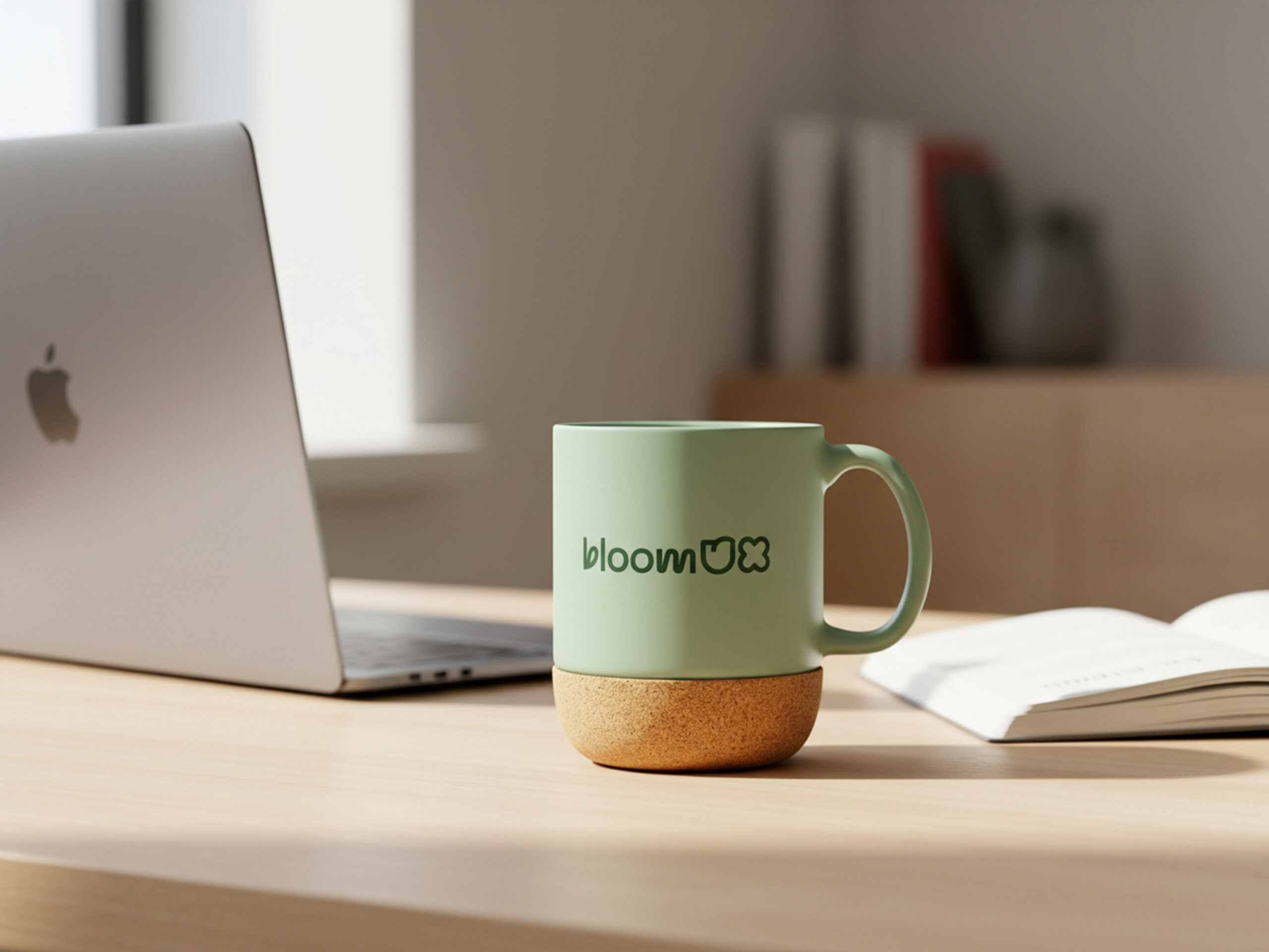 BloomUX branded mug sitting on a desk